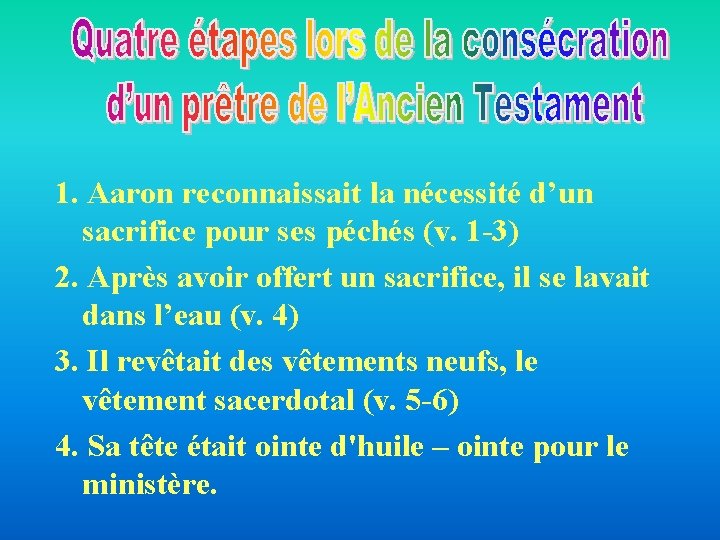 1. Aaron reconnaissait la nécessité d’un sacrifice pour ses péchés (v. 1 -3) 2. 1. Aaron reconnaissait la nécessité d’un sacrifice pour ses péchés (v. 1 -3) 2.