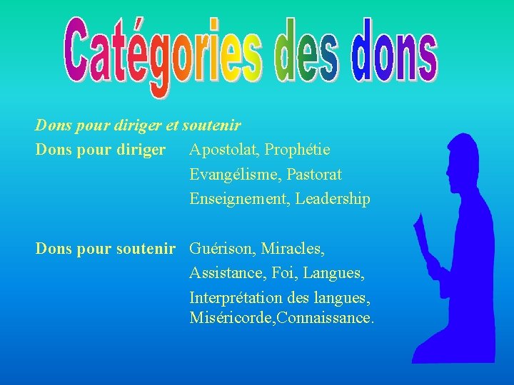 Dons pour diriger et soutenir Dons pour diriger Apostolat, Prophétie Evangélisme, Pastorat Enseignement, Leadership Dons pour diriger et soutenir Dons pour diriger Apostolat, Prophétie Evangélisme, Pastorat Enseignement, Leadership