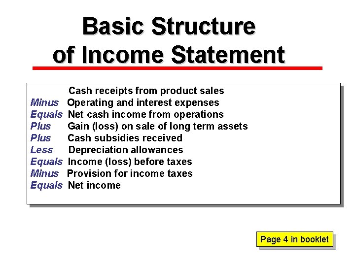 Basic Structure of Income Statement Minus Equals Plus Less Equals Minus Equals Cash receipts