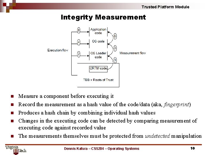 Trusted Platform Module Integrity Measurement n n n Measure a component before executing it