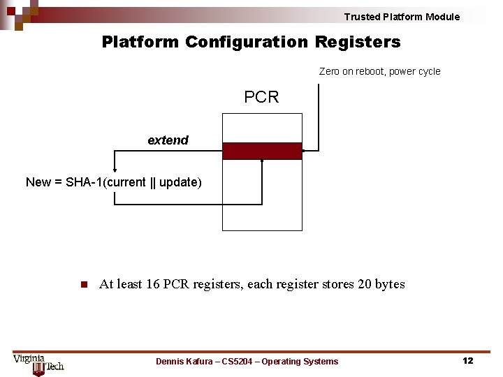 Trusted Platform Module Platform Configuration Registers Zero on reboot, power cycle PCR extend New