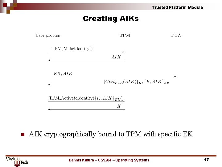 Trusted Platform Module Creating AIKs n AIK cryptographically bound to TPM with specific EK