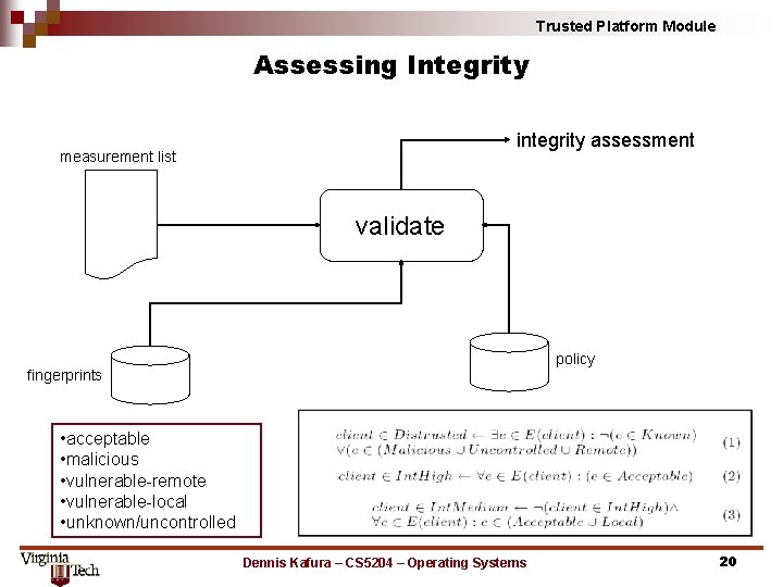Trusted Platform Module Assessing Integrity integrity assessment measurement list validate policy fingerprints • acceptable