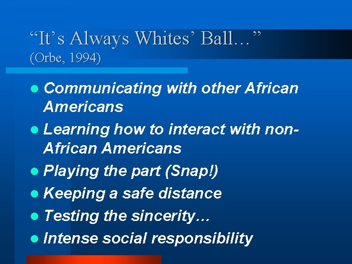 “It’s Always Whites’ Ball…” (Orbe, 1994) l Communicating with other African Americans l Learning