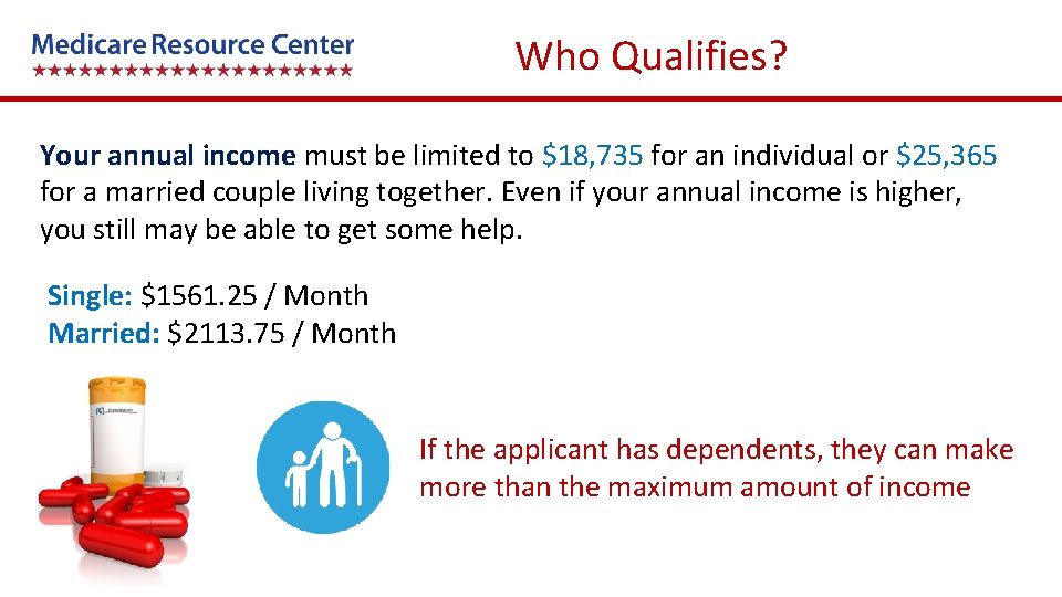 Who Qualifies? Your annual income must be limited to $18, 735 for an individual