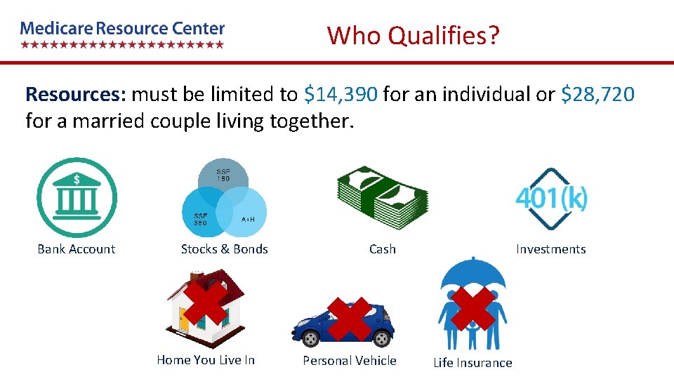 Who Qualifies? Resources: must be limited to $14, 390 for an individual or $28,