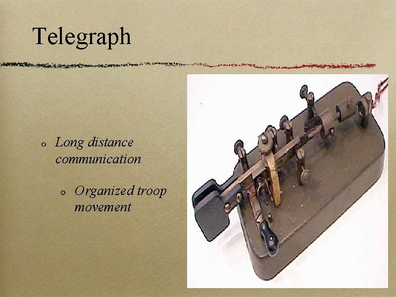 Telegraph Long distance communication Organized troop movement 
