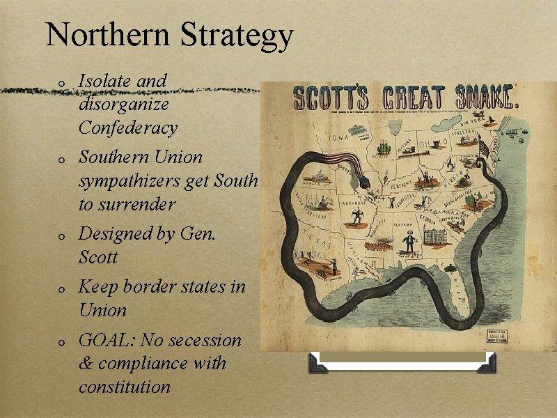 Northern Strategy Isolate and disorganize Confederacy Southern Union sympathizers get South to surrender Designed