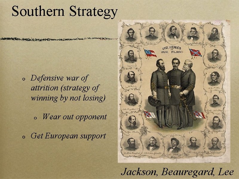 Southern Strategy Defensive war of attrition (strategy of winning by not losing) Wear out