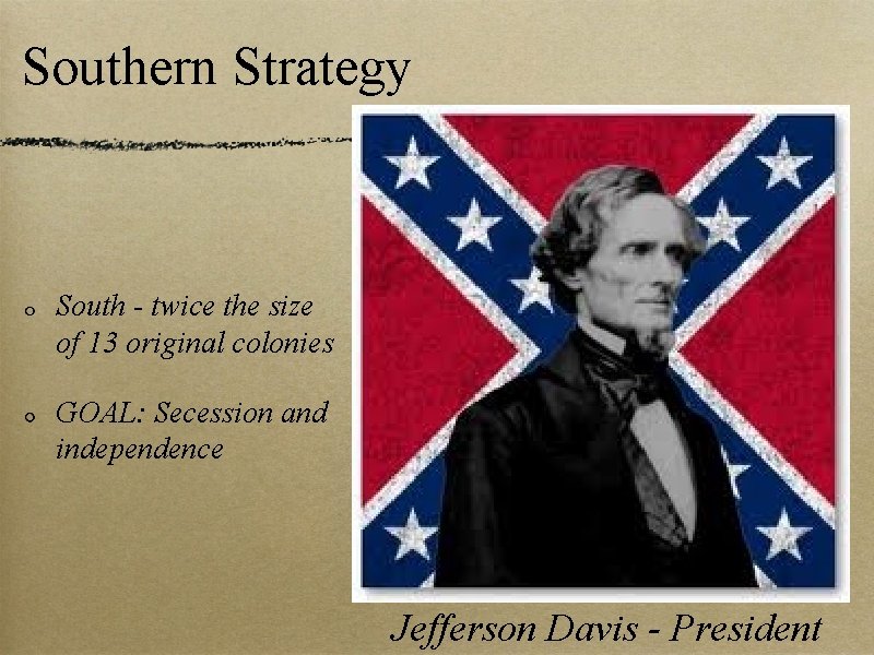 Southern Strategy South - twice the size of 13 original colonies GOAL: Secession and