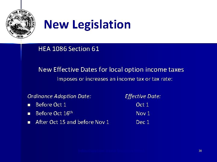 New Legislation HEA 1086 Section 61 New Effective Dates for local option income taxes