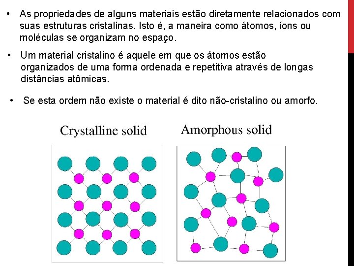  • As propriedades de alguns materiais estão diretamente relacionados com suas estruturas cristalinas.