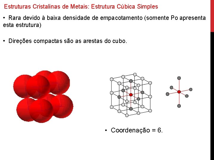 Estruturas Cristalinas de Metais: Estrutura Cúbica Simples • Rara devido à baixa densidade de