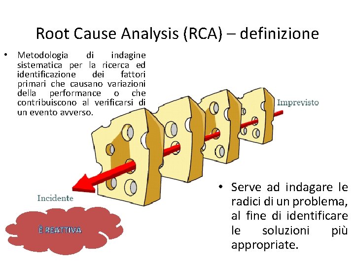 Root Cause Analysis (RCA) – definizione • Metodologia di indagine sistematica per la ricerca
