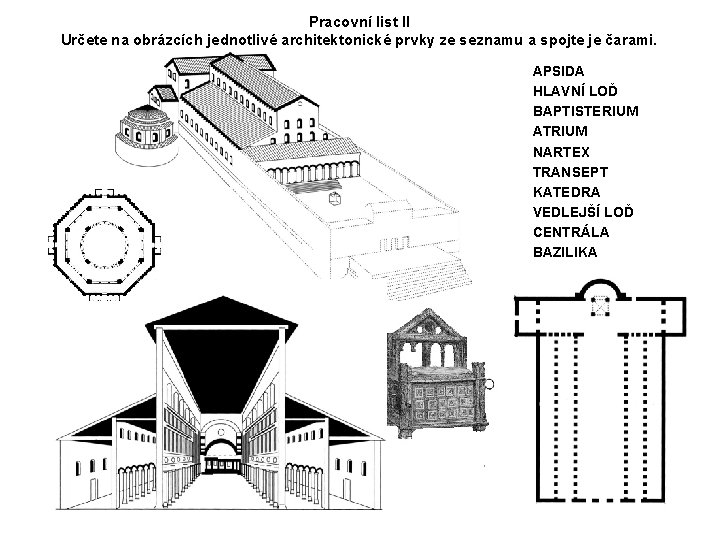 Pracovní list II Určete na obrázcích jednotlivé architektonické prvky ze seznamu a spojte je