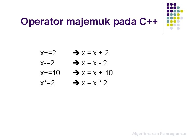 Operator majemuk pada C++ x+=2 x-=2 x+=10 x*=2 x=x+2 x=x-2 x = x +