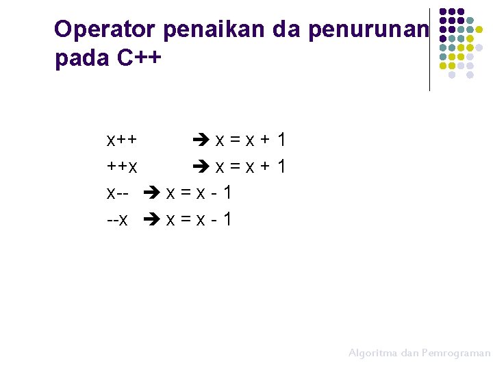 Operator penaikan da penurunan pada C++ x=x+1 ++x x=x+1 x-- x = x -