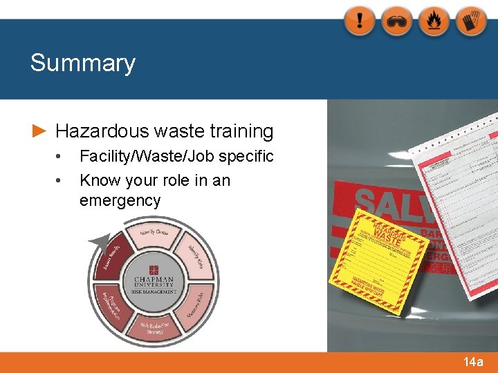 Summary ► Hazardous waste training • • Facility/Waste/Job specific Know your role in an