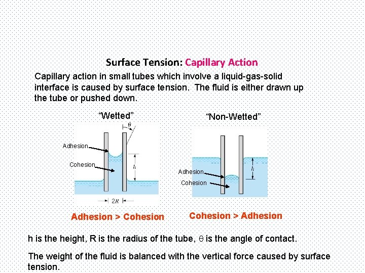 Surface Tension: Capillary Action Capillary action in small tubes which involve a liquid-gas-solid interface