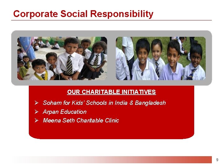 Corporate Social Responsibility OUR CHARITABLE INITIATIVES Ø Soham for Kids’ Schools in India &