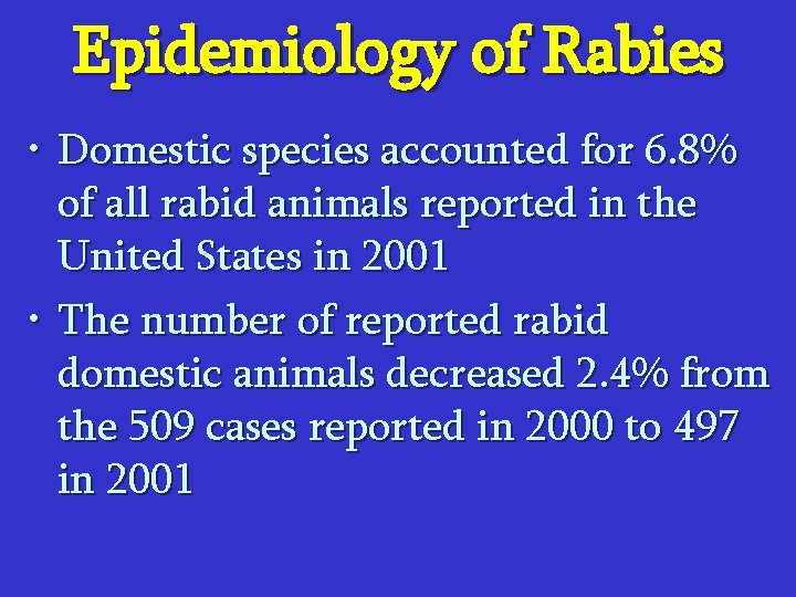 Epidemiology of Rabies • Domestic species accounted for 6. 8% of all rabid animals