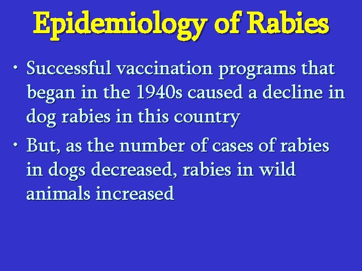 Epidemiology of Rabies • Successful vaccination programs that began in the 1940 s caused
