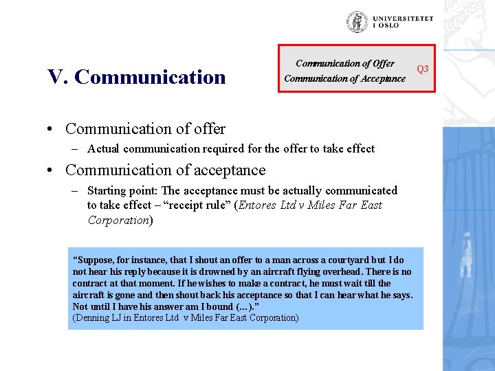 V. Communication of Offer Communication of Acceptance • Communication of offer – Actual communication