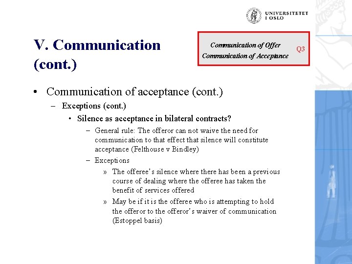 V. Communication (cont. ) Communication of Offer Communication of Acceptance • Communication of acceptance