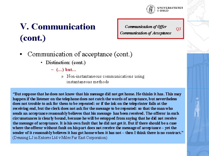 V. Communication (cont. ) Communication of Offer Communication of Acceptance Q 3 • Communication