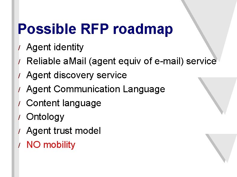 Possible RFP roadmap / / / / Agent identity Reliable a. Mail (agent equiv