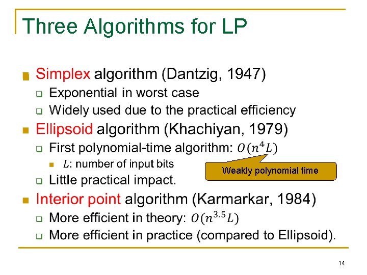 Three Algorithms for LP n Weakly polynomial time 14 Three Algorithms for LP n Weakly polynomial time 14