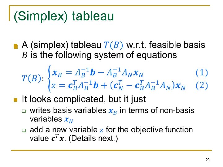 (Simplex) tableau n 29 (Simplex) tableau n 29