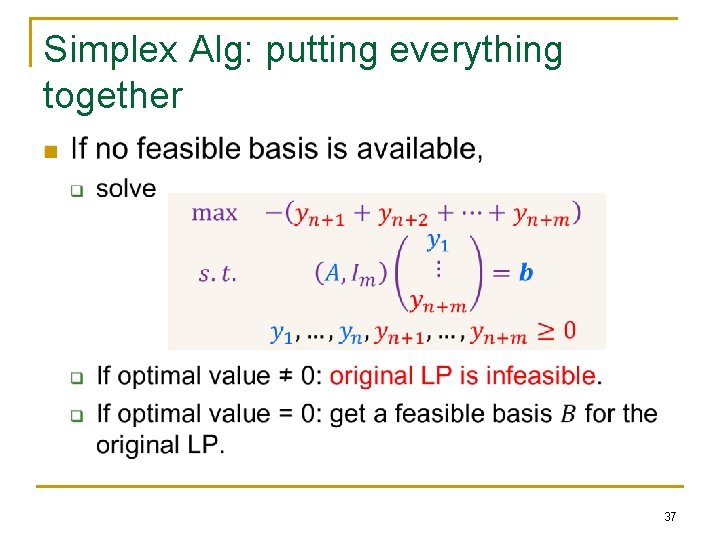 Simplex Alg: putting everything together n 37 Simplex Alg: putting everything together n 37