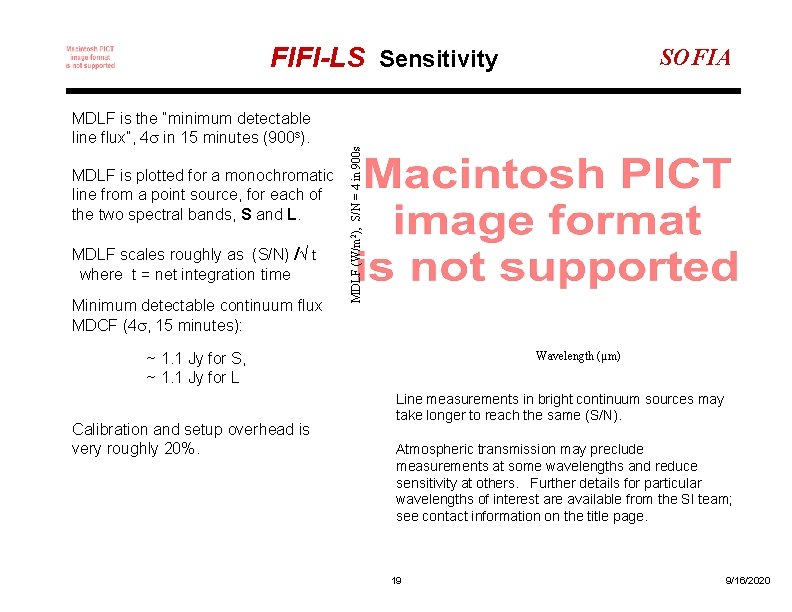 FIFI-LS Sensitivity MDLF is plotted for a monochromatic line from a point source, for