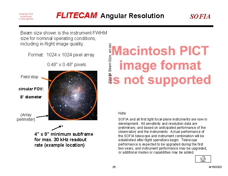 FLITECAM Angular Resolution SOFIA Format: 1024 x 1024 pixel array 0. 48” x 0.