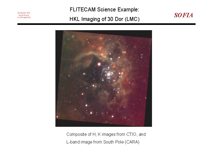 FLITECAM Science Example: HKL Imaging of 30 Dor (LMC) Composite of H, K images