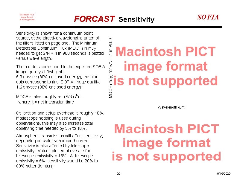 SOFIA Sensitivity is shown for a continuum point source, at the effective wavelengths of
