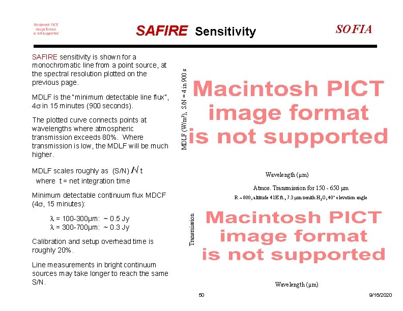 SOFIA SAFIRE sensitivity is shown for a monochromatic line from a point source, at