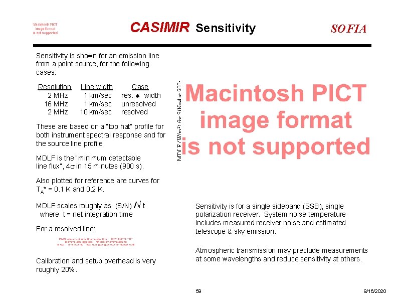 CASIMIR Sensitivity SOFIA Resolution Line width Case 2 MHz 1 km/sec res. ª width