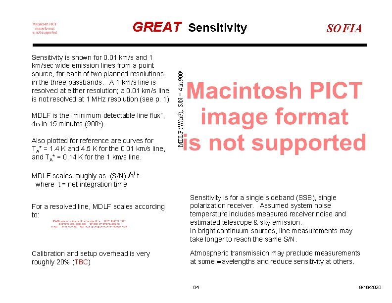 Sensitivity is shown for 0. 01 km/s and 1 km/sec wide emission lines from