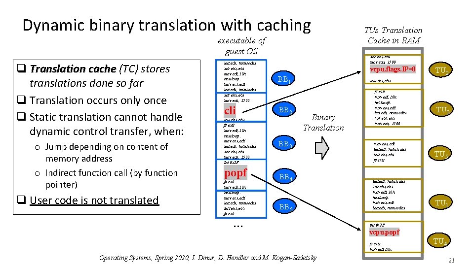 Dynamic binary translation with caching executable of guest OS q Translation cache (TC) stores