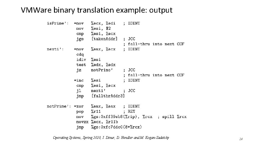 VMWare binary translation example: output Operating Systems, Spring 2020, I. Dinur, D. Hendler and