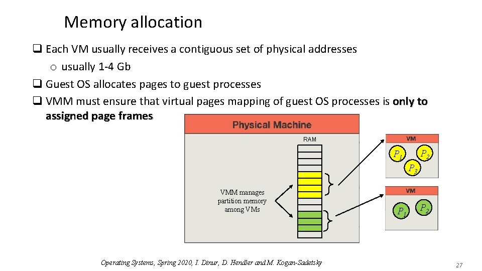 Memory allocation q Each VM usually receives a contiguous set of physical addresses o