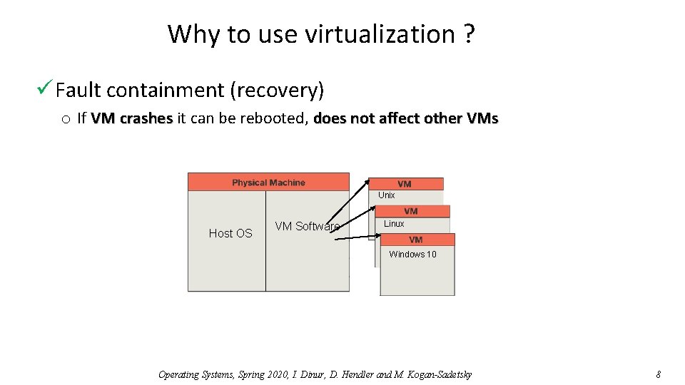 Why to use virtualization ? ü Fault containment (recovery) o If VM crashes it