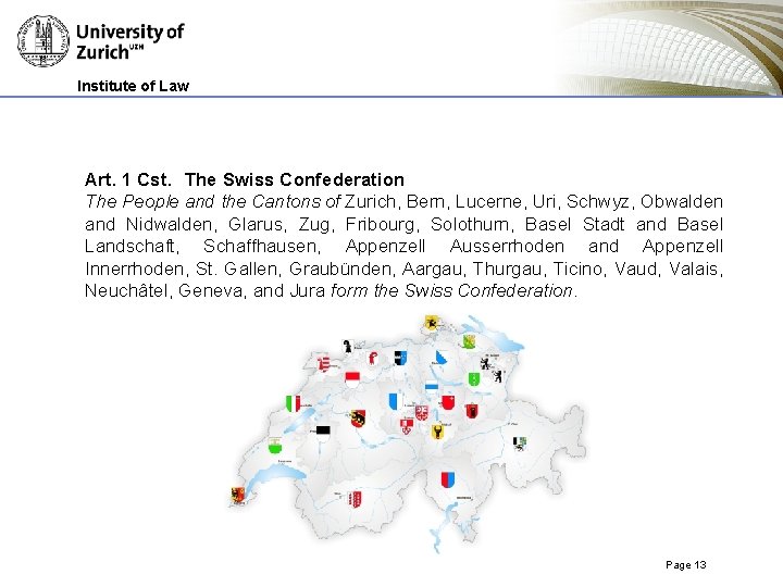 Institute of Law Art. 1 Cst. The Swiss Confederation The People and the Cantons