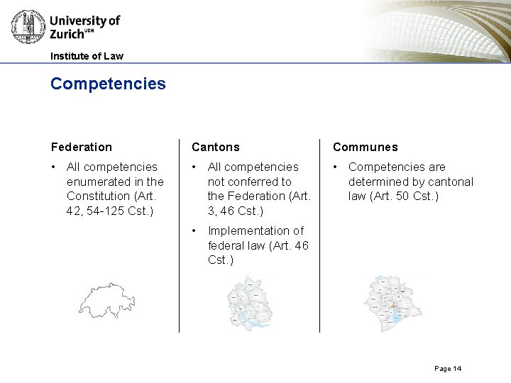 Institute of Law Competencies Federation Cantons Communes • All competencies enumerated in the Constitution Institute of Law Competencies Federation Cantons Communes • All competencies enumerated in the Constitution