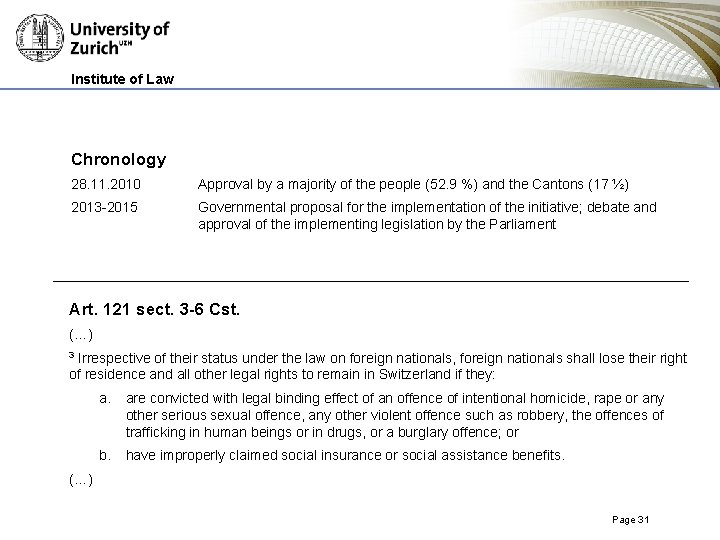 Institute of Law Chronology 28. 11. 2010 Approval by a majority of the people