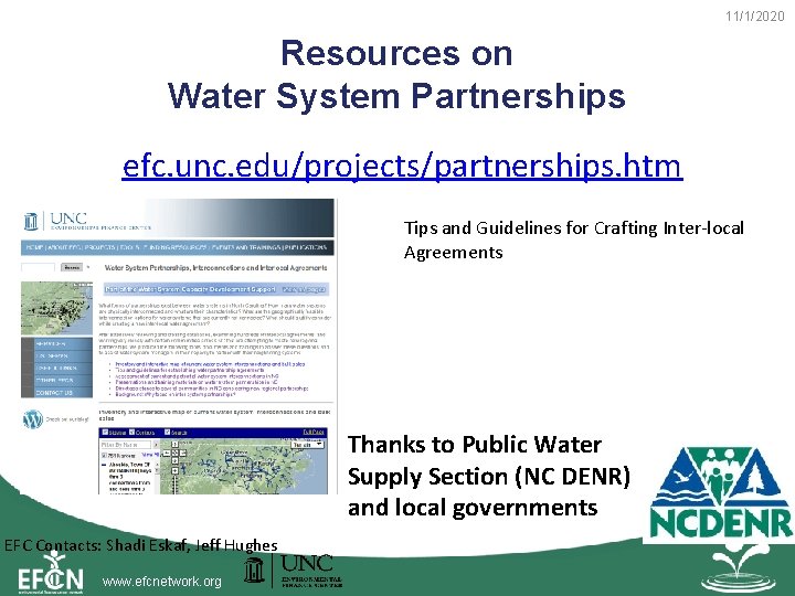 11/1/2020 Resources on Water System Partnerships efc. unc. edu/projects/partnerships. htm Tips and Guidelines for