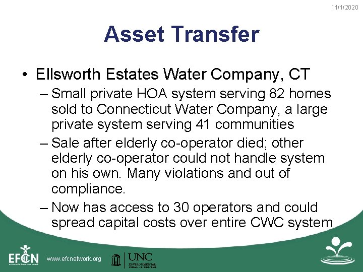 11/1/2020 Asset Transfer • Ellsworth Estates Water Company, CT – Small private HOA system