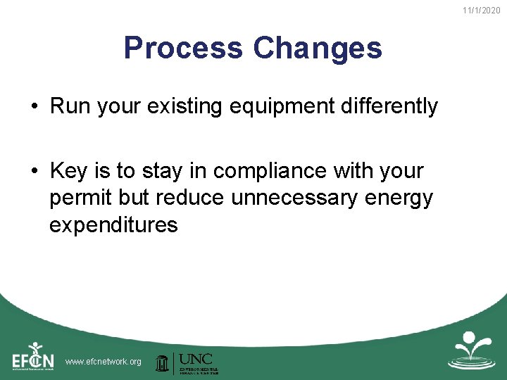 11/1/2020 Process Changes • Run your existing equipment differently • Key is to stay